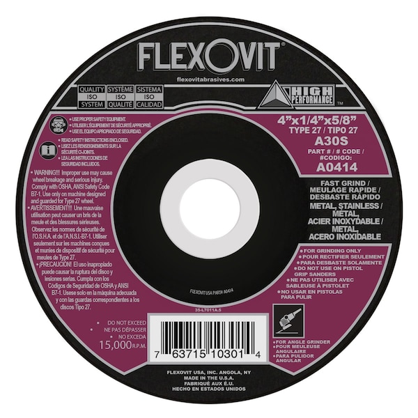 Flexovit HP Fast Grind Depressed Center Grinding Wheel, 4 in Dia x 1/4 in THK, 5/8 in Center Hole, A30S Grit, A0414 - main
